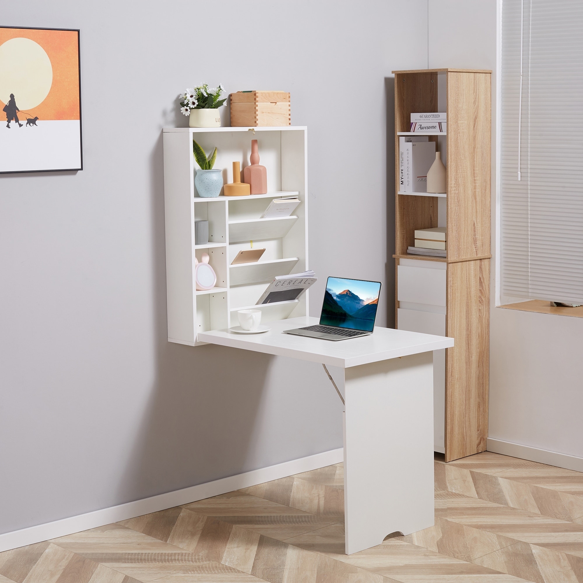 HOMCOM Compact Fold Out Wall Mounted Convertible Desk With Storage, White