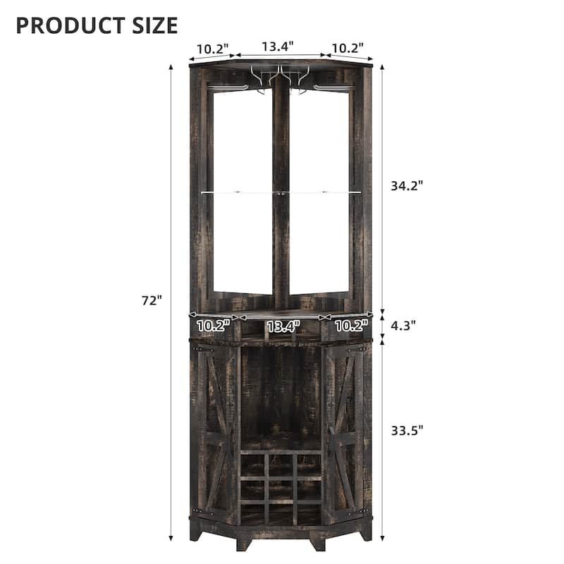 72" Corner Bar Cabinet with Barn Door, Farmhouse Wine Storage Cabinet with Mirror, Glass Rack and Wine Bottle Organizer