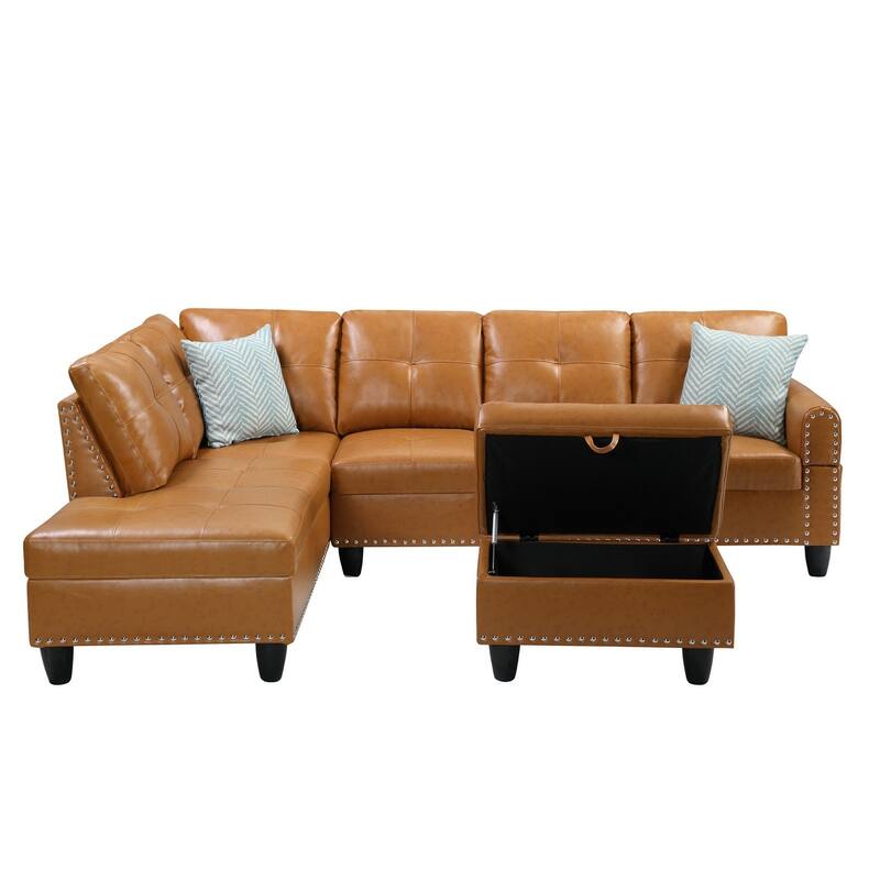 Wood Frame Faux Leather Storage Sectional Sofa with Ottoman & Cup Holders