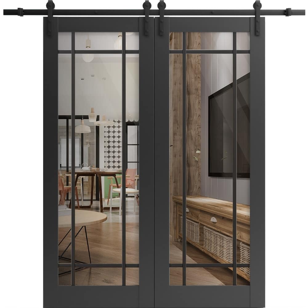 Sturdy Double Barn Door 36 x 80 Lucia 2266 Matte Black Clear Glass 13FT