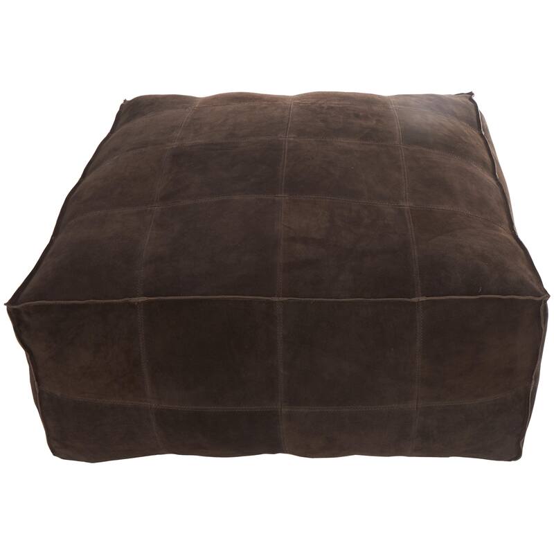 Leather Low Profile Square Pouf with Patchwork Design - Brown, Gray or Dark Brown- Roche River Decor