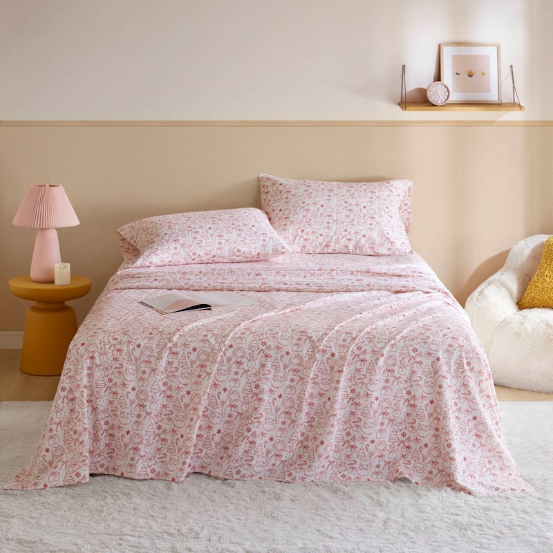 Intelligent Design Cozy Soft Cotton Flannel Printed Sheet Set - Holiday Doodles - Twin XL