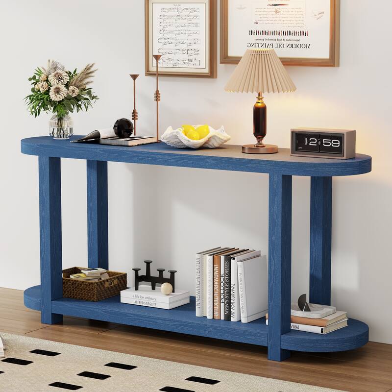 63" Modern Minimalist Ash Veneer Entryway Table with Streamlined Desktop Design - Dark Blue
