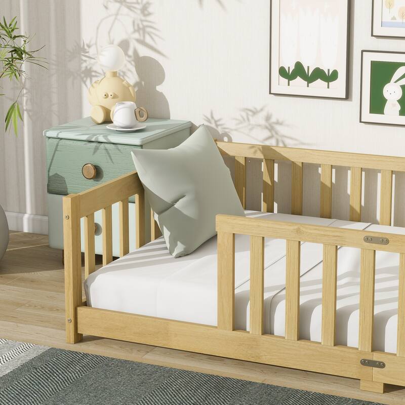 Rubber Wood Twin Size Floor Bed with Fence without Door