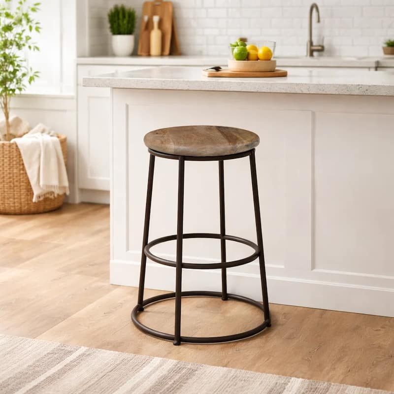 24 Inch Mango Wood Counter Height Barstool With Iron Base, Brown And Black