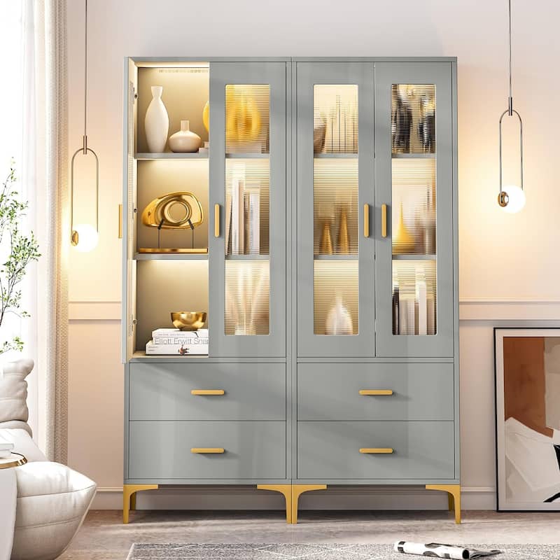 Tall Bookcase Bookshelf with Doors and LED Light
