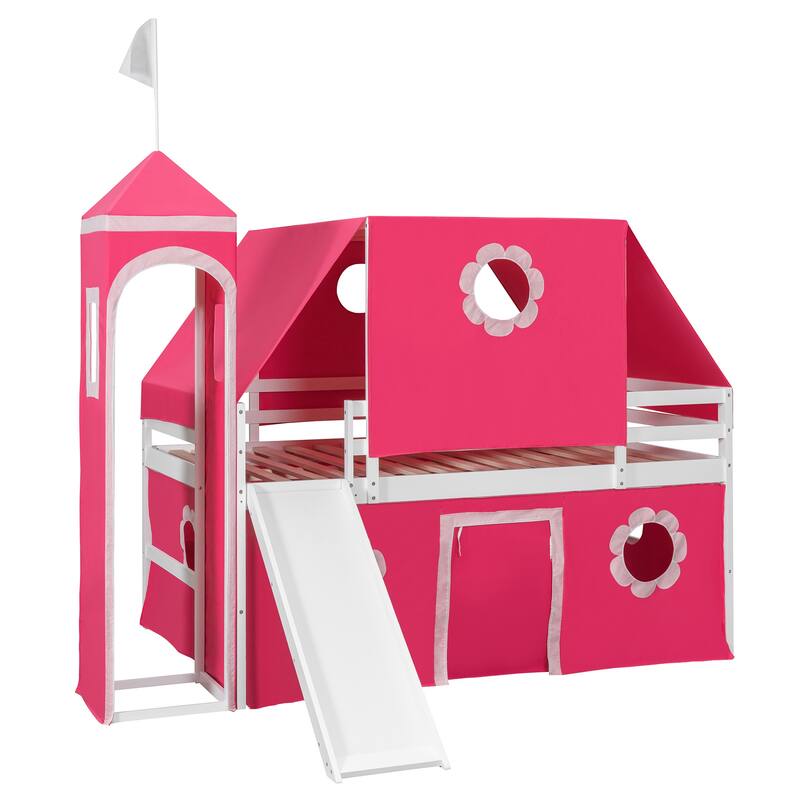 Castle Frame Bed Wood Loft Bed Loft Bed Convertible To Mini Playground with Pink Tent and Tower, Child Bed Tent