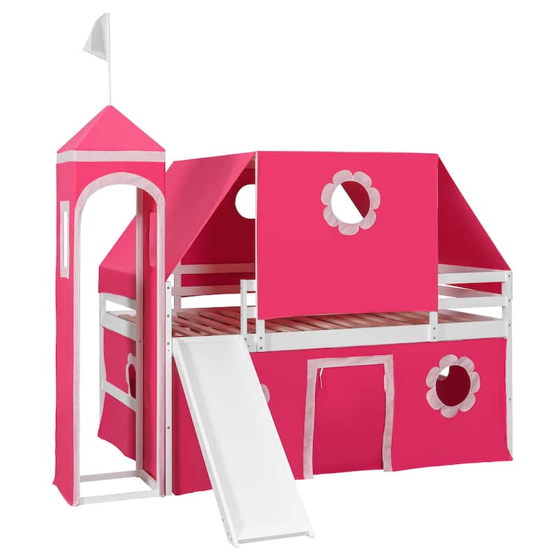 Full Size Loft Bed with Slide, Pink Tent, and Play Tower - Pink