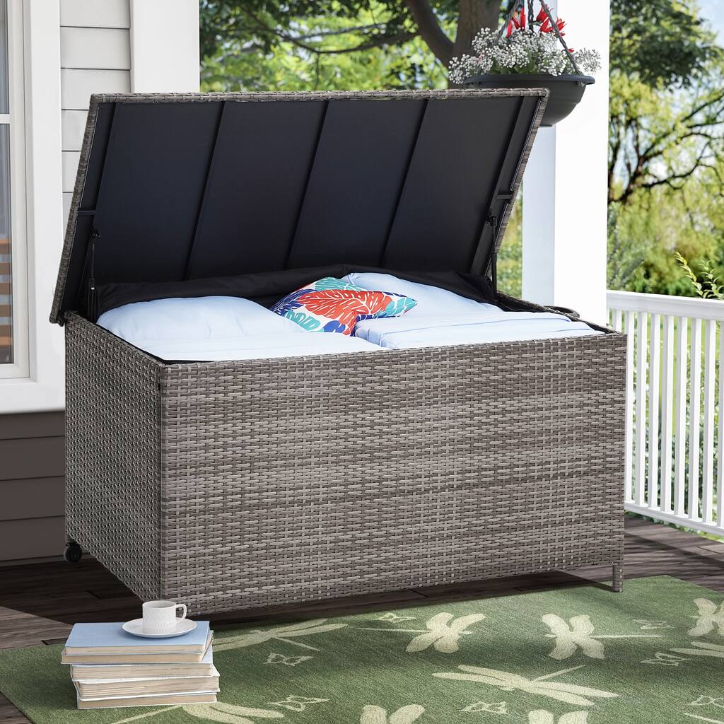 Ainfox 120 Gallon Patio Rattan Storage Deck Box Container Garden Liner Wheels