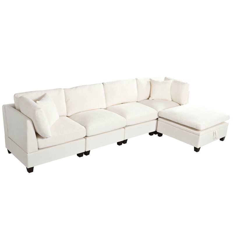 127.6" Polyester Modular Sectional 5-Seat L-Shaped Sofa with Storage Ottoman and Hidden Cup Holders