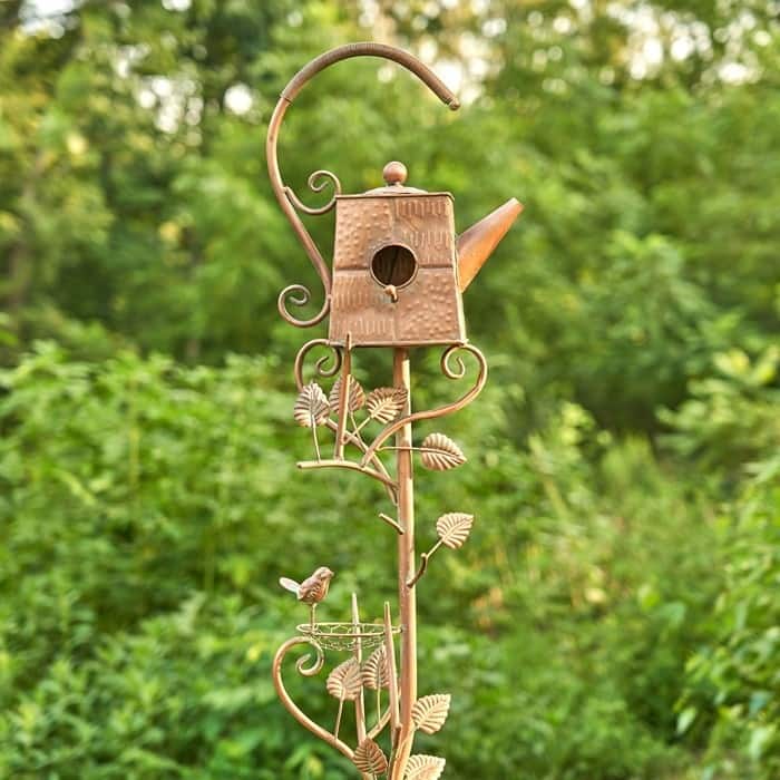 Antique Copper Teapot Birdhouse Garden Stake "Square Teapot" - 9" L x 6.5" W x 65" H