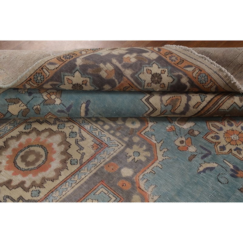 Geometric Blue Tabriz Persian Vintage Rug Hand-Knotted Wool Carpet - 6'7" x 9'7"