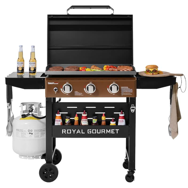 Royal Gourmet 3-Burner Gas Griddle with Hood and Side Shelves