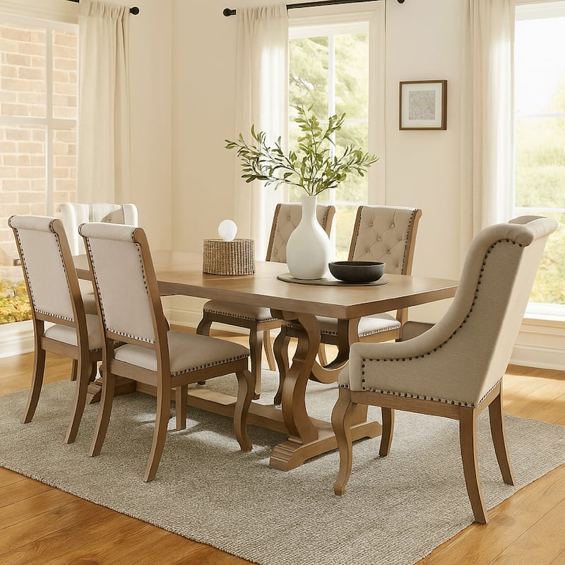 Sev 7pc Dining Table Set, 84-104 Inch Top, 6 Cream Fabric Chairs, Barley Brown