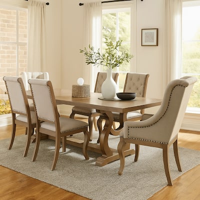 Sev 7pc Dining Table Set, 84-104 Inch Top, 6 Cream Fabric Chairs, Barley Brown