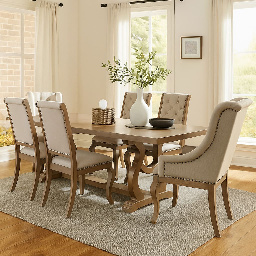 Sev 7pc Dining Table Set, 84-104 Inch Top, 6 Cream Fabric Chairs, Barley Brown