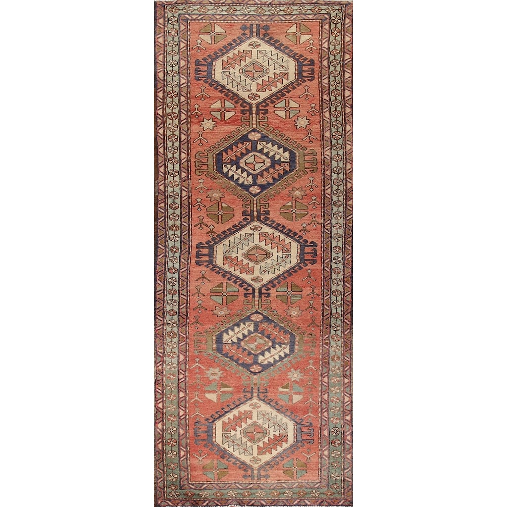 Vegetable Dye Tribal Orange Heriz Persian Vintage Runner Rug - 3'6"x 10'7"