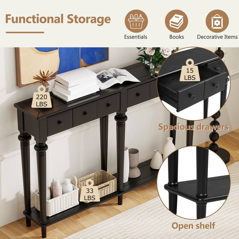 Versatile Hallway Table Side Table with 4 Storage Drawers, Accent Table Sofa Table with Bottom Open Shelf, Black