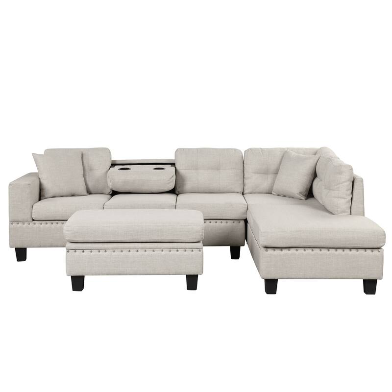 105.1" Velvet L-Shaped Sectional Sofa with Ottoman & Cup Holders