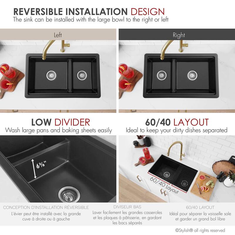 Composite Granite Dual-Mount 30" Double-Bowl kitchen Sink - 30" x 18" x 9.50"