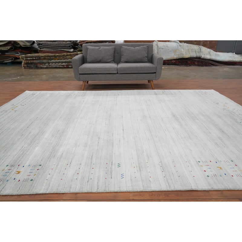 Hand Knotted Oriental Viscose Silk Carpet Tribal Animal Pictorial Greys & Charcoal Gabbeh Area Rug - 11' 9'' X 8' 9''