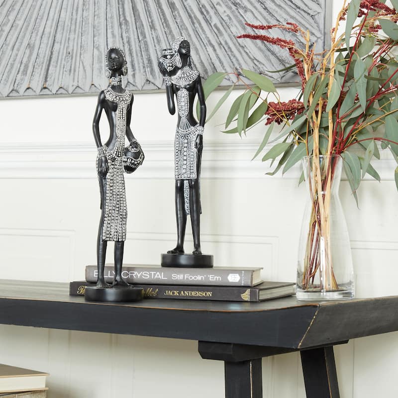 Polystone Woman Standing African Decorative Sculpture with Intricate Details - Set of 2 Black - Roche River Decor
