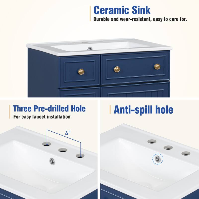 24-Inch Bathroom Vanity Cabinet with Ceramic Sink, 2 Drawers, 1 Door