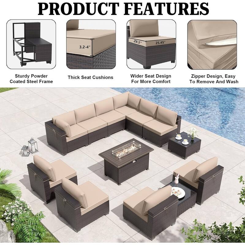 13-Pieces Wicker Patio Furniture Set, Outdoor Sectional Chairs with Firepit Table & Side Table