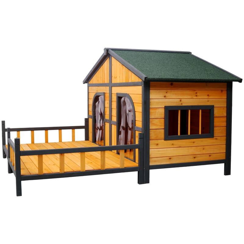 Wooden Outdoor XL Dog House with Porch, Weatherproof Raised Kennel