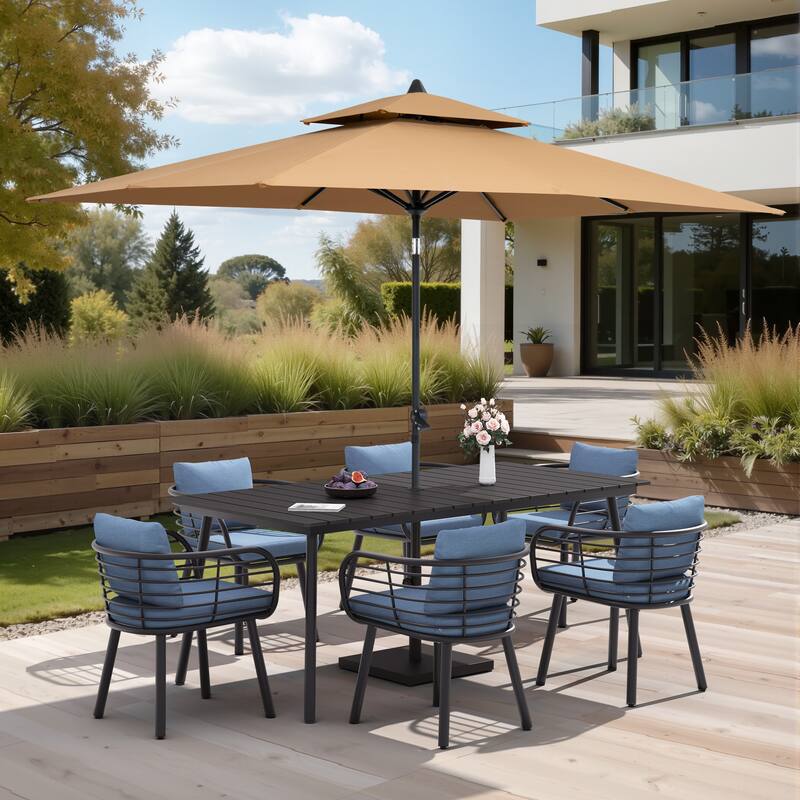 9/11-PieceOutdoor Patio Dining Set with Sunbrella Cushions Aluminum Dining Table and Chairs w/10 ft Umbrella and Base - Set of 9 - Black Table with Tan Umbrella
