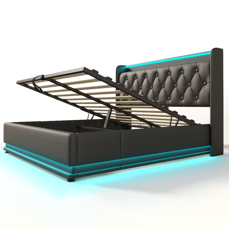 360° LED Light Upholstered Full Bed with USB Charging, Hydraulic Storage, Tufted Headboard, Remote Control