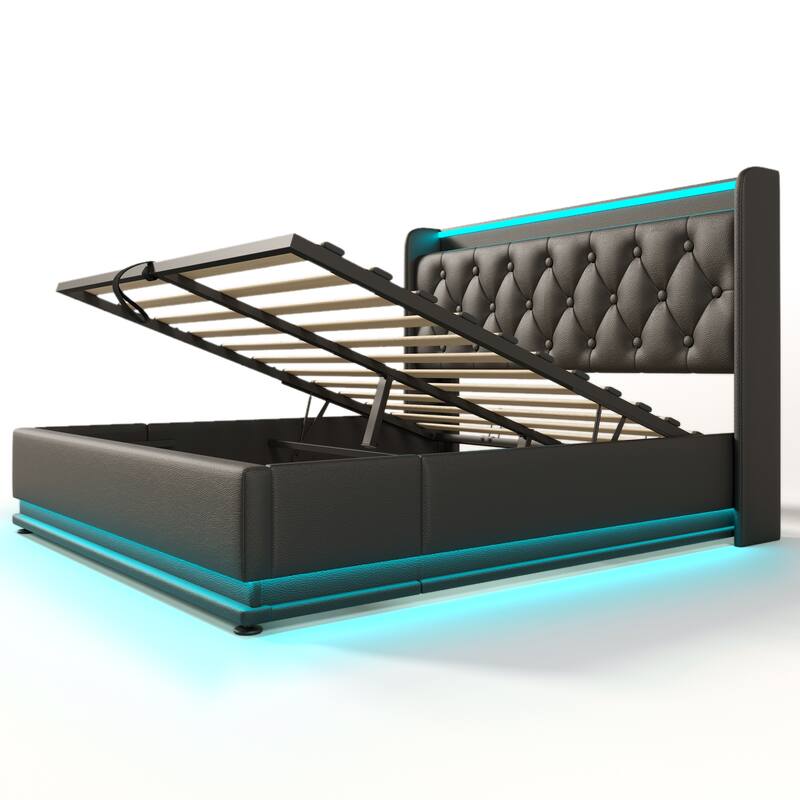 Metal Frame Storage Bed LED PU Upholstered Platform Bed, Full