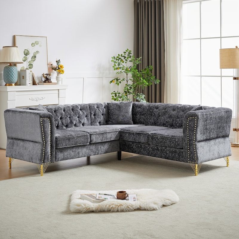 81.5-Inch Grey Chenille Corner Sofa, L-Shaped Sectional Couch with Nailhead Trim