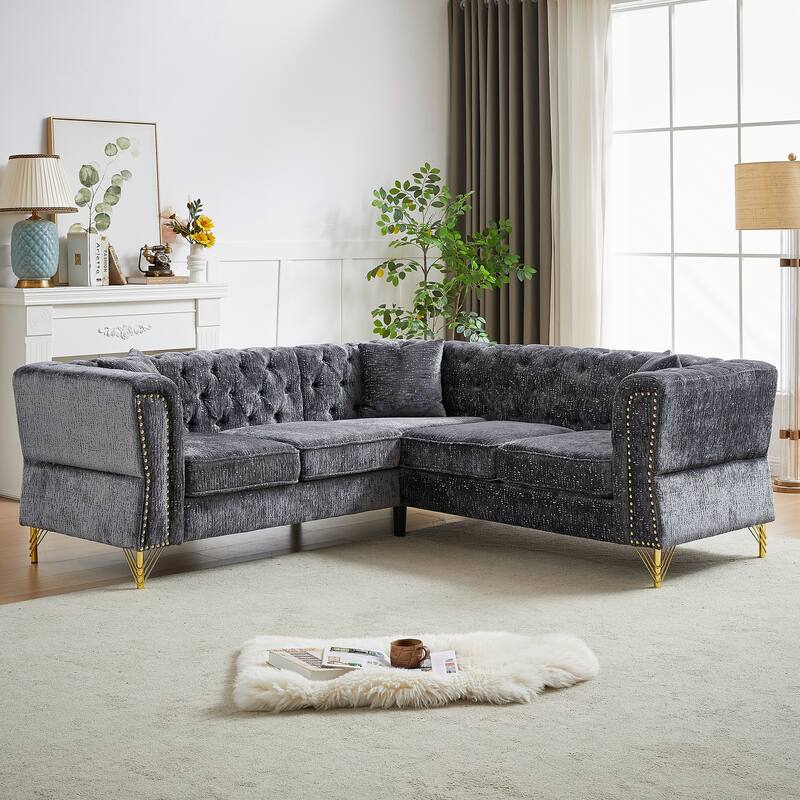 Grey 81.5'' L-Shaped 5-Seater Chenille Sectional Sofa with 3 Cushions, Stylish Corner Couch for Living Room, Bedroom