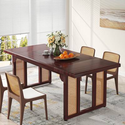 71 Inch Rectangular Dining Table for 6-8, Rustic Kitchen Table Dining Room Table with Rattan Frame - Deep Walnut & Yellow Rattan