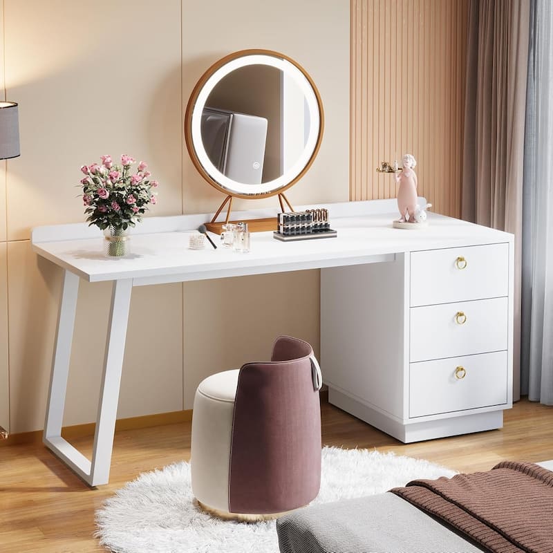 55 Inches White Makeup Vanity Desk with 3 Drawers - Off-White