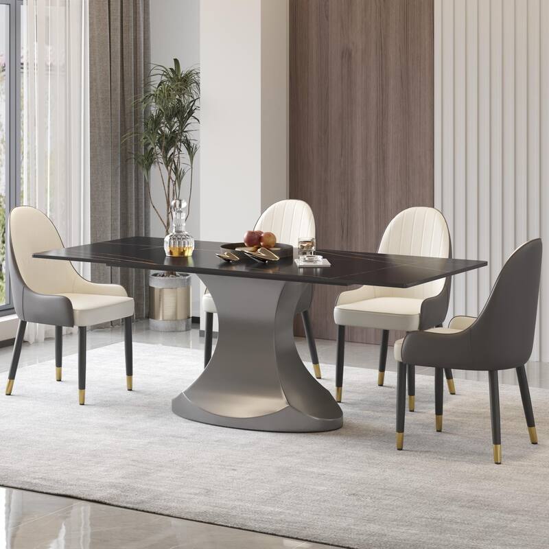 Rectangular Dining Table, Faux Marble Kitchen Dining Table with Grey Pedestal.