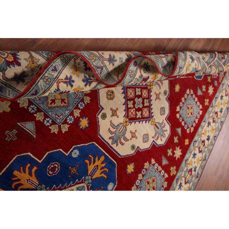 Hand Knotted Oriental 100% Wool Carpet Traditional Geometric Red Kazak Area Rug - 8' 7'' X 6' 2''