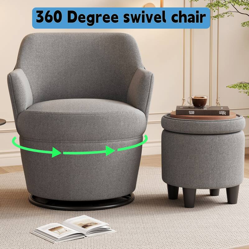 Swivel Accent Chair with Storage Ottoman, Modern Lounge Sofa Chair Barrel Chair Arm Chair with Nail Trim