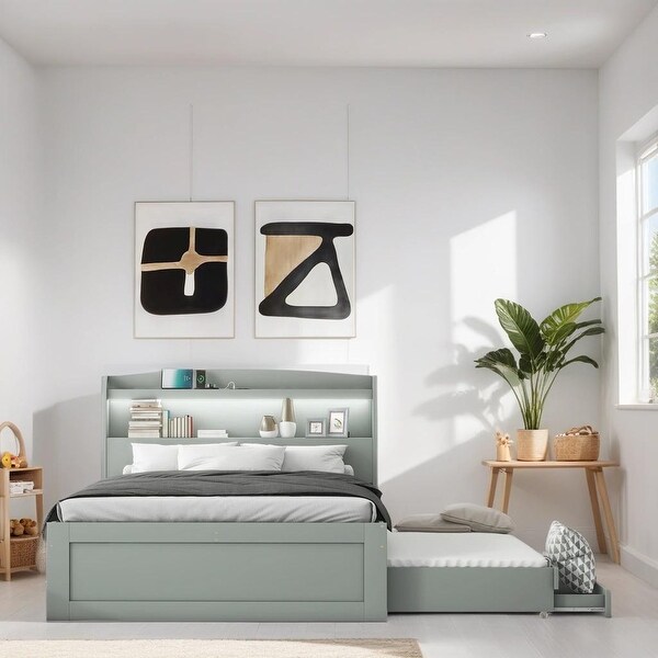 Full XL Size Platform Bed with LED Headboard Storage Bed with Charging Station Trundle and 2 Drawers Subdued Gray Bed Bath Beyond 40513897