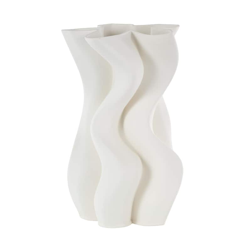 White Ceramic Ribbed Dimensional Wavy Abstract Vase with Floral Shaped Rim