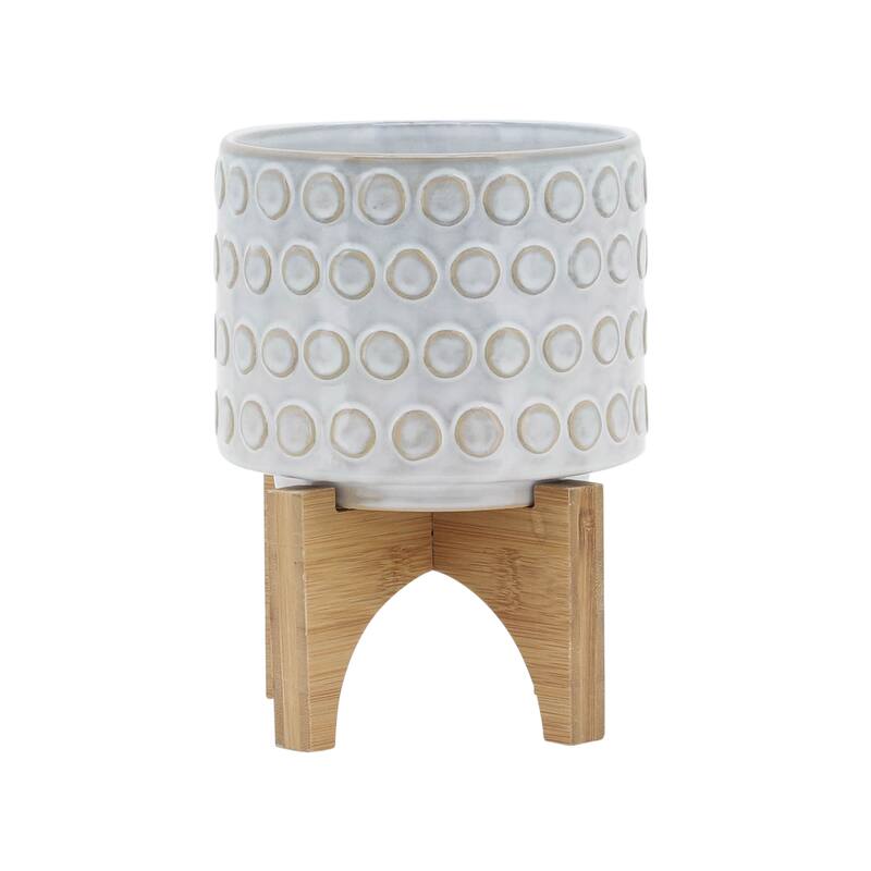 Sagebrook Home Ceramic Planters: Elevate Your Greenery with Stylish Bamboo Wood Stands - Perfect Home Decor Accessory