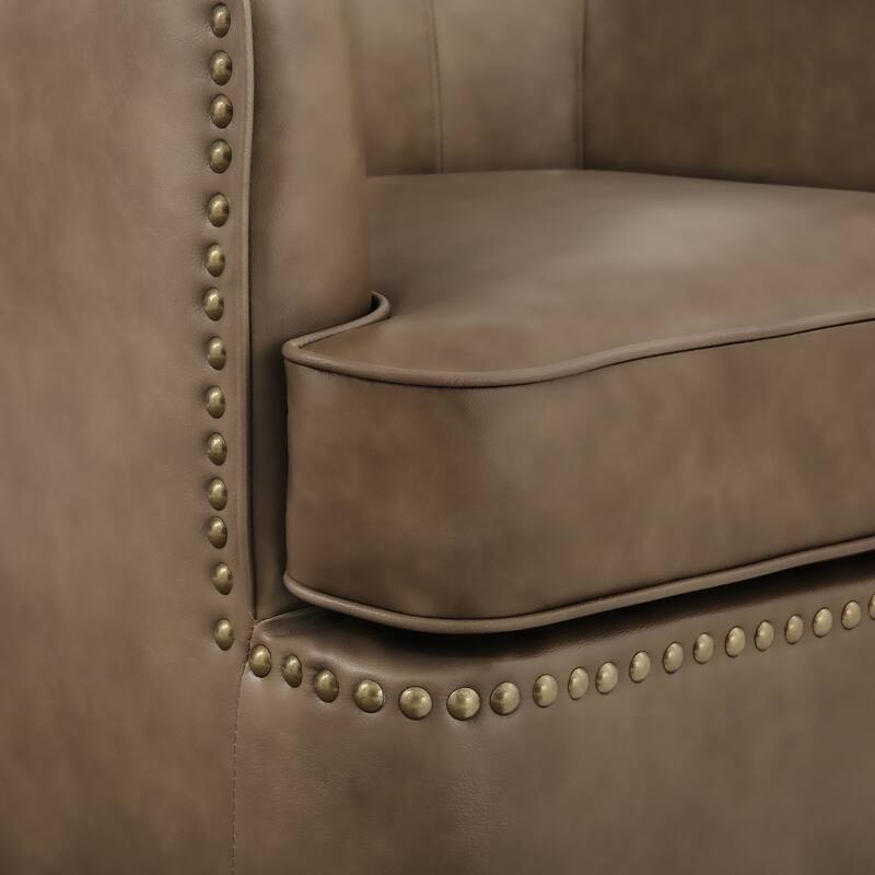 Genuine Leather Swivel Upholstered Accent Barrel Chair with Metal Base for Living Room