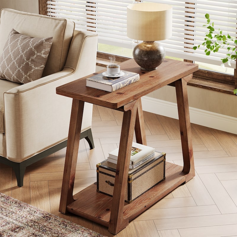 Narrow Side Table Solid, Wood End Table with 2-Tier Storages - Brown