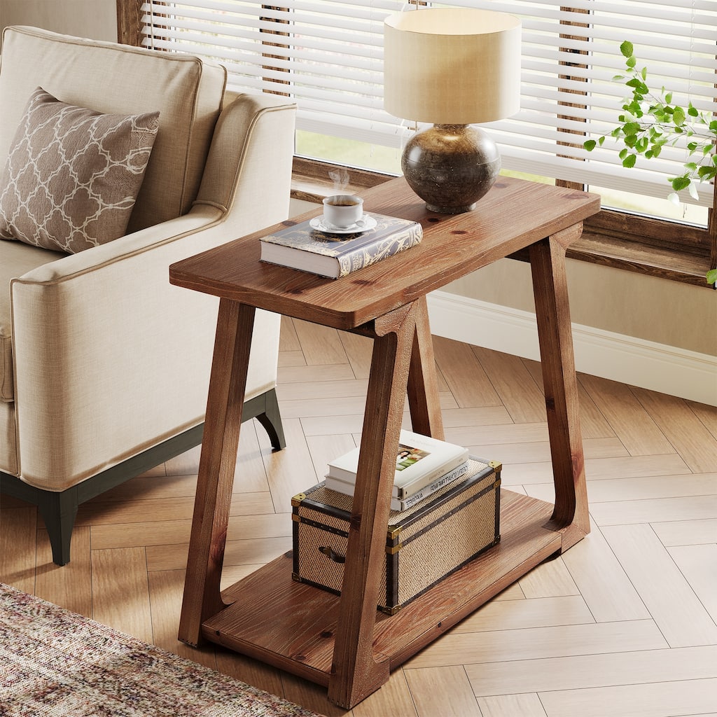 Narrow Side Table Solid, Wood End Table with 2-Tier Storages