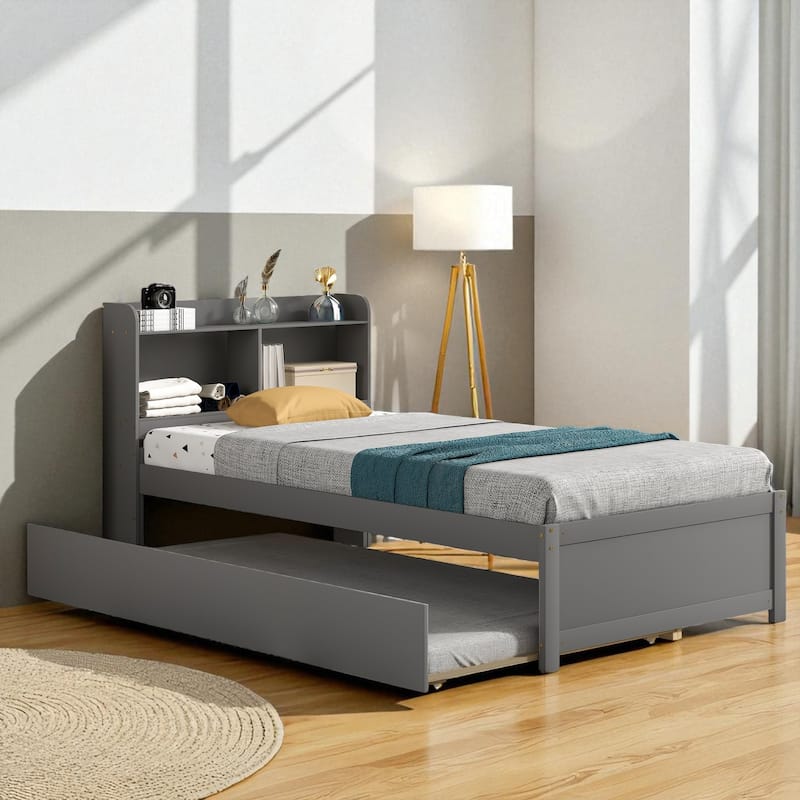 Twin/Full Bed Frame with Pull-Out Trundle and Bookcase Headboard, No Box Spring Needed