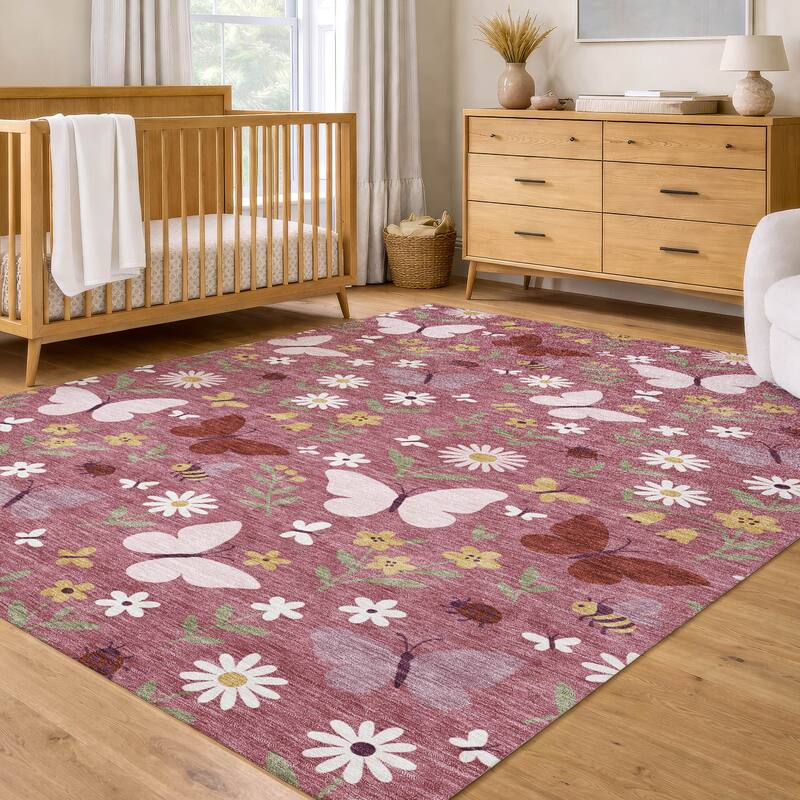 Machine Washable Indoor/ Outdoor Whimsy Butterfly Chantille Rug