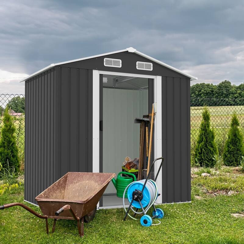 Large Outdoor Storage Shed Galvanized Iron Black with Slanted Roof and Double Sliding Doors - 77.36” x 51.57” x 73.82”