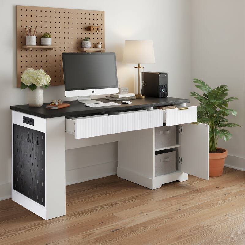 Roomfitters 55" Modern Fluted Office Desk with Charging Station, Storage Cabinet & Pegboard