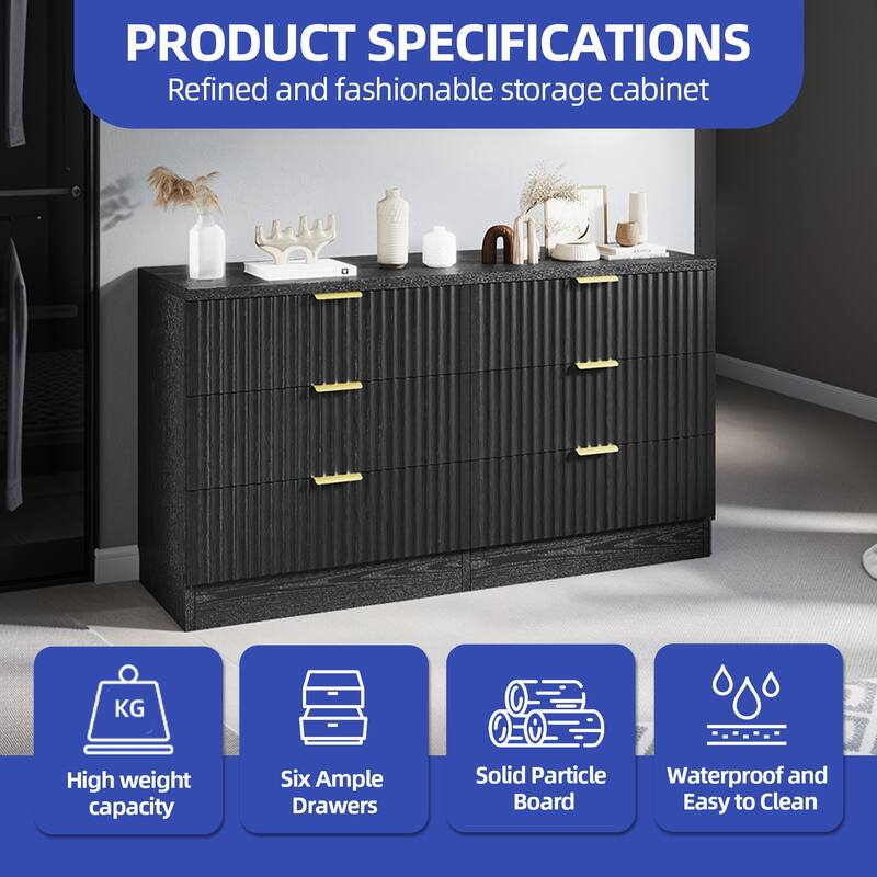 Moasis 6-drawer Dresser Double Chest of Drawer Dresser with Fluted Panel